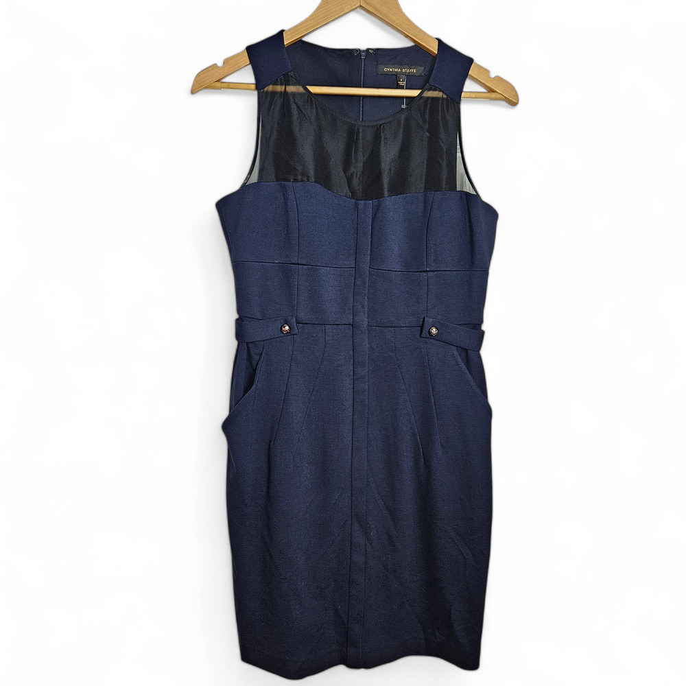 Cynthia Steffe Women's Navy Blue Sleeveless Ponte Knit Sheath Dress Size 4